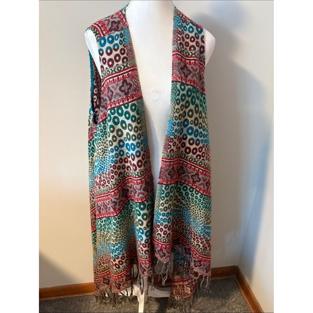 EARTHBOUND Multicolor Fringe Open-Front Sleeveless Vest With Fringe. Size XL